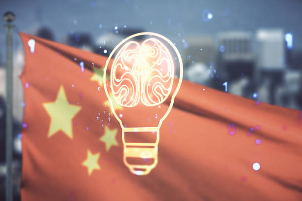 istock Abstract virtual idea concept with light bulb and human brain illustration on Chinese flag and city background. Neural networks and machine learning concept. Multiexposure 2154086806