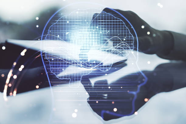 istock Double exposure of creative artificial Intelligence symbol with finger clicks on a digital tablet on background. Neural networks and machine learning concept 2154086976