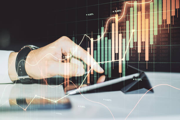 istock Double exposure of abstract creative financial diagram with finger clicks on a digital tablet on background, banking and accounting concept 2154087005