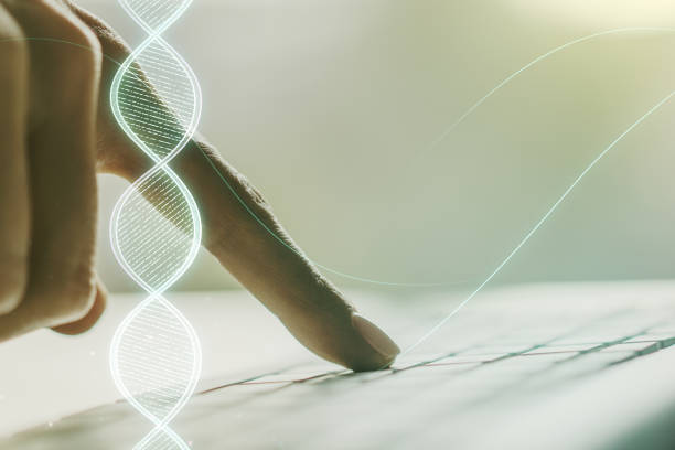istock Creative concept with DNA symbol illustration and hands typing on laptop on background. Genome research concept. Multiexposure 2154087193