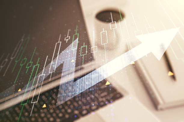 istock Multi exposure of abstract financial diagram with upward arrow on computer background, rise and breakthrough concept 2154087435