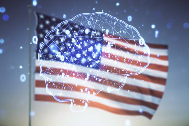istock Virtual creative artificial Intelligence hologram with human brain sketch on US flag and blue sky background. Multiexposure 2154087502