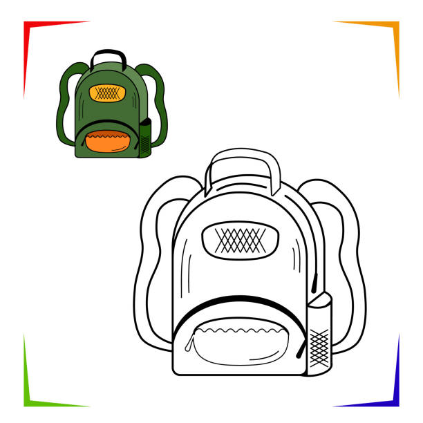 School bag, backpack vector coloring page. Educational worksheet. Theme school element for coloring School bag, backpack vector coloring page. Educational worksheet. Elements for coloring book, design illustrations in the style of outline for kids. kindergarten portfolio stock illustrations