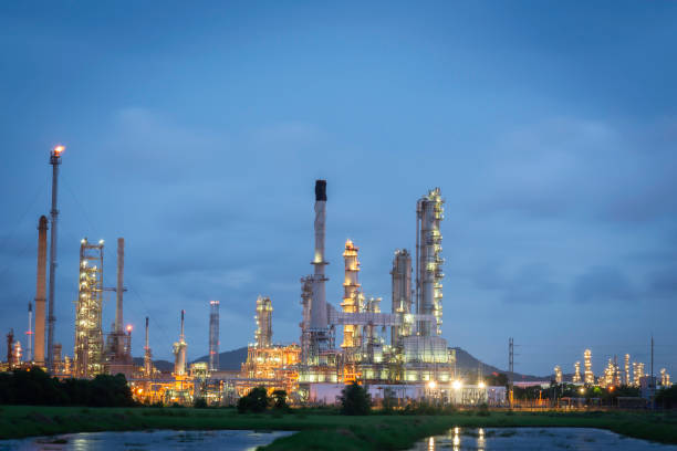istock Gas turbine electrical power plant at dusk 2154094590