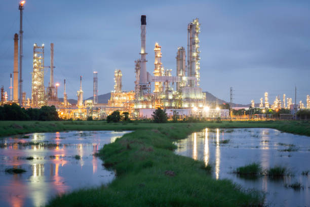 istock Gas turbine electrical power plant at dusk 2154094601