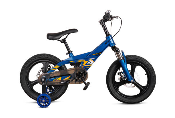 istock Blue children's bicycle with training wheels isolated on white 2154095297