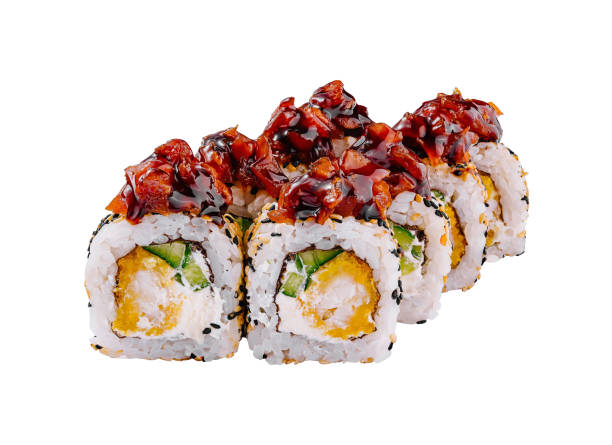 istock Unagi sushi rolls with sauce on white background 2154095512