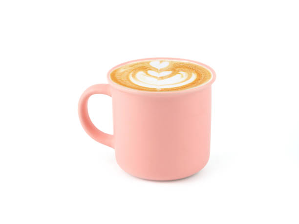 istock Hot latte coffee with art heart shape in pink ceramic mug isolated on white background. 2154097766