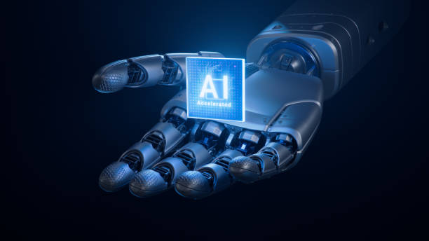 istock Humanoid Robot Hand with Glowing Futuristic Processor. Metal Hand of Humanoid Robot Offering Innovative and Advanced AI Accelerated Chip. Artificial Intelligence Microchip 2154101402