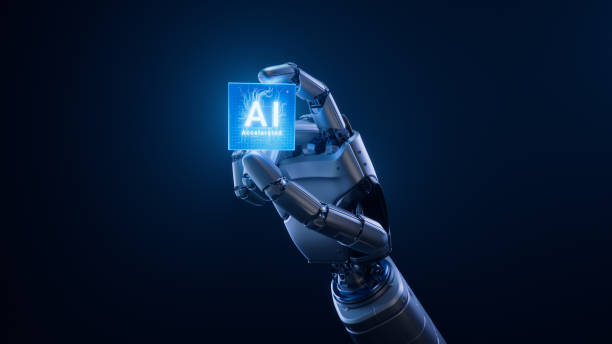 istock Metal Hand of Humanoid Robot is Holding Innovative and Advanced AI Accelerated Chip. Humanoid Robot Hand with Glowing Futuristic Processor. Cooperation with Artificial Intelligence 2154101424