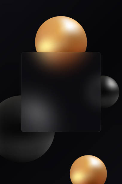 istock 3D creative glass morphism background. Transparent glass banner with gold and black geometric spheres on a black background. 2154102813
