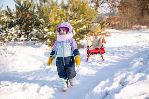 Little boy having extreme winter fun on sled. The boy is lyin on front on sled and yelling.