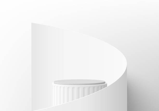 istock 3D white round product podium background with white clean paper swirl flow. Abstract composition in minimal design. 3D studio showroom product pedestal, Fashion showcase mockup scene. Banner cosmetic. 2154105611
