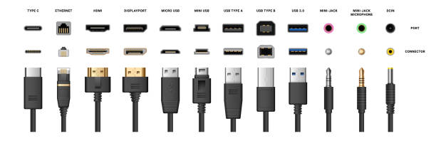 stockillustraties, clipart, cartoons en iconen met cables and computer ports types, electronic device input cable cords. vector realistic type c and mini usb, ethernet and hdmi for monitor, displayport and mini-jack microphone, dc in technology - kabel