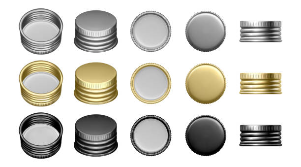 Silver gold and black bottle cap screws for containers with liquids. Vector isolated set of jar lids, side and top, front and inside view. Piece with copy space for text, clear aluminum part Silver gold and black bottle cap screws for containers with liquids. Vector isolated set of jar lids, side and top, front and inside view. Piece with copy space for text, clear aluminum part silver bottle cap stock illustrations