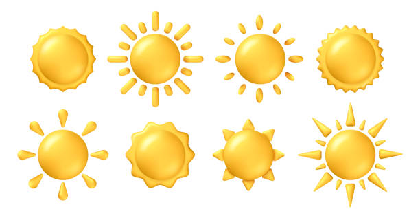 istock Sunny bright sun with rays and warming sunshine. Vector isolated set of realistic 3d icons for application UI or widgets showing forecast. Hot temperature or climate, warm and shining circles 2154106954