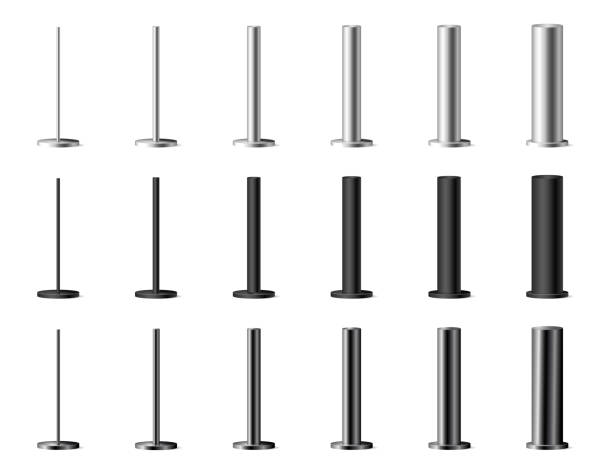 istock Glossy black steel pipes of various diameters, isolated matte silver and dark bases or stands with different thicknesses. Vector set of industrial construction material for architecture and design 2154106955