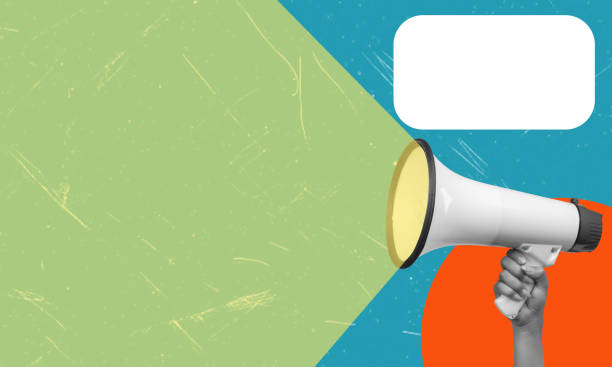 istock Human hand holding loudspeaker, megaphone with empty speech bubble for text, ad. Banner. Information. 2154107554