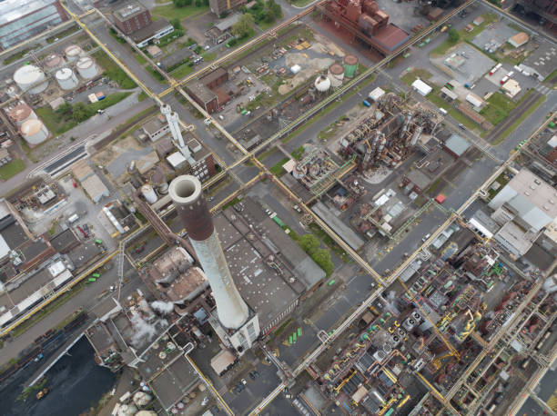 istock Aerial top down on smoek stack at a chemical production facility in Germany. 2154110555
