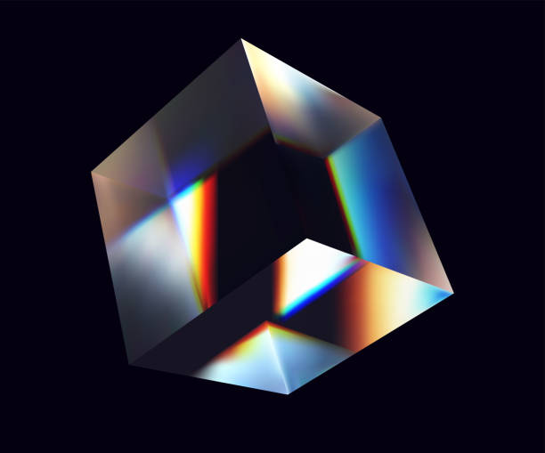 Vector glass 3d cube. Abstract 3d glass cube. Geometric figure in holographic color on a white background. Pink shape object and design element. dispersion stock illustrations