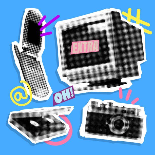 Poster. Contemporary art collage. Everyday technological devices cell phone, computer, cassette tape. Cartoonish art style. Concept of art, vintage things, mix old and modernity. Ad