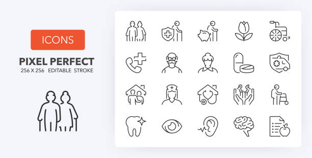Elderly line icons 256 x 256 Line icons about elderly. Contains such icons as nursing home, insurances, medical assistance and more. Editable vector stroke. 256 Pixel Perfect scalable to 128px... 999 call center stock illustrations