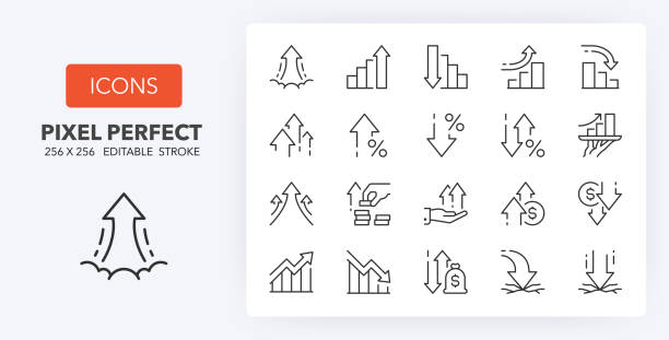 Increase decrease line icons 256 x 256 Line icons about increase and decrease. Contains such icons as stock market, profit, launch and more. Editable vector stroke. 256 Pixel Perfect scalable to 128px... kick off stock illustrations
