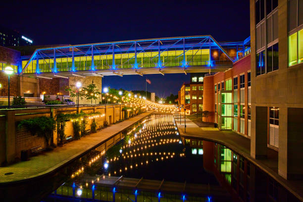 Blue Hour Sky Bridge Reflections in Indianapolis Urban Canal