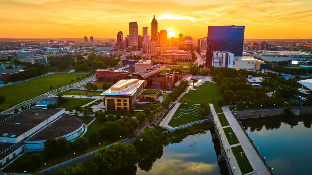 istock Aerial Golden Hour Sunset Over Indianapolis Skyline 2154121956
