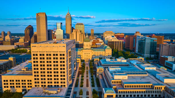 istock Aerial Golden Hour Cityscape with Courthouse Dome, Indianapolis 2154121992