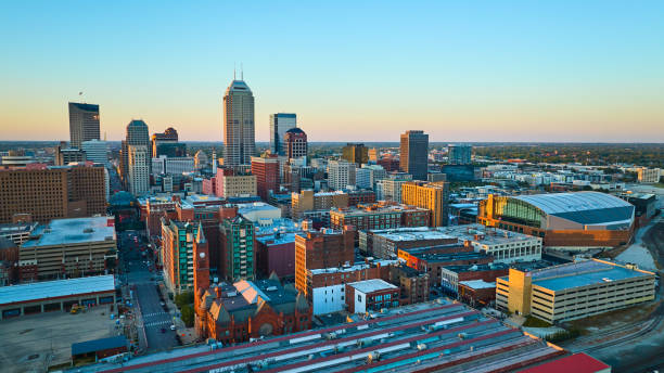 istock Aerial Golden Hour Glow on Indianapolis Skyline and Stadium 2154122030