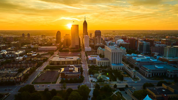 istock Aerial Golden Hour Sunset Over Indianapolis Skyline 2154122184