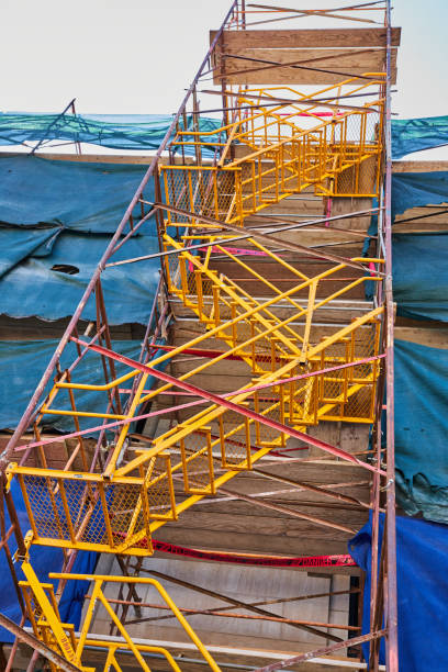 Vivid image of a yellow construction scaffold system in downtown Indianapolis, Indiana, highlighting urban renewal in 2023