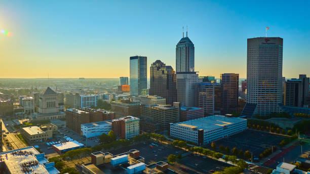 istock Aerial Indianapolis Skyline at Sunrise with Golden Light 2154122245