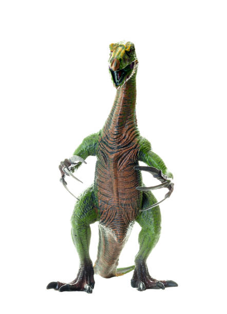 Toy dinosaur Therizinosaurus, a prehistoric creature, on white background. Frontal view.