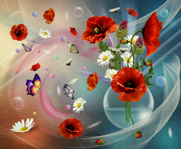 Red poppies and daisies in a glass vase, surrounded by butterflies and petals, on an abstract background. Digital art