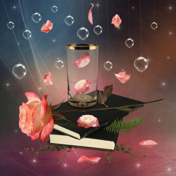 Rose flower on a book surrounded by petals on an abstract background. Digital art