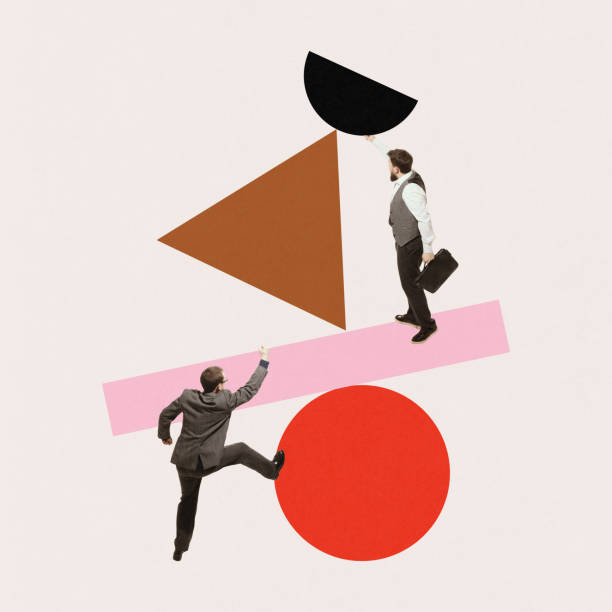 istock Contemporary art collage. Two businessmen try to balance on stack of geometry figures. Minimalistic design. 2154127567