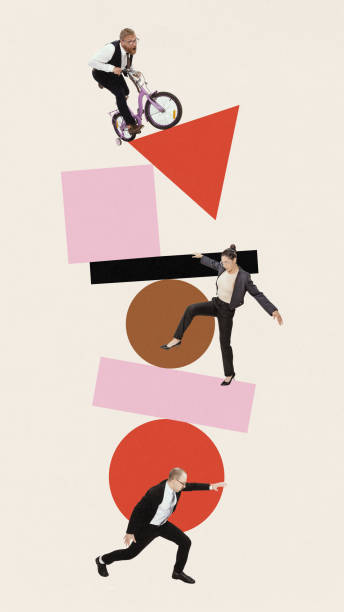 istock Contemporary art collage. Young people try to help each other while trying to hold large pyramid of geometric shapes. 2154127571