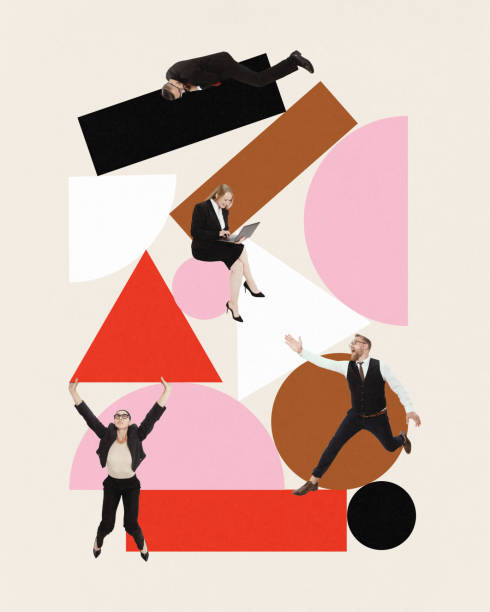 istock Contemporary art collage. Professionals in formal attire interacting with various geometric shapes, symbolizing dynamic teamwork. 2154127581