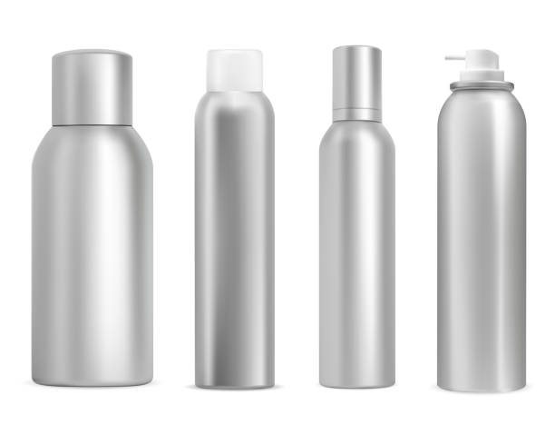 Metal aerosol can mockup. Deodorant spray bottle Metal aerosol can mockup. Aluminum deodorant spray bottle, silver plastic lid. Hairspray cosmetic can illustration, realistic hair care product. Paint sprayer tin, steel tube for label spray bottle stock illustrations