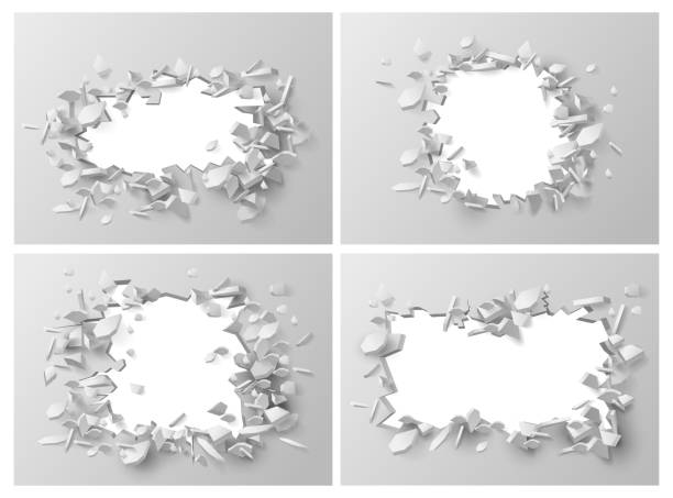ilustrações de stock, clip art, desenhos animados e ícones de exploding wall with fractures and breaks, falling plaster, building concrete or bricks. vector isolated realistic copy space revealed on destroyed wall. demolition and rebuilding, broken hole - fratura