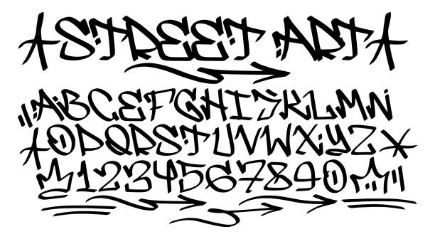 Vector graffiti font. Vector font in graffiti style. Wall art and vandalism, a symbol of self-expression and street art. Element of hip-hop culture on the walls of the city. Black letters on a white background in 90s style. marker font alphabet stock illustrations