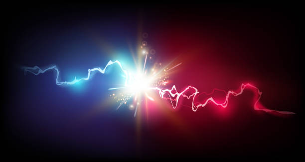 Lightning strikes red bolt vs blue light. Vector isolated realistic thunderbolt with sparks and trail ray. Fight or battle, versus explosion or energy force. Electrical discharge and flashes Lightning strikes red bolt vs blue light. Vector isolated realistic thunderbolt with sparks and trail ray. Fight or battle, versus explosion or energy force. Electrical discharge and flashes confrontation stock illustrations