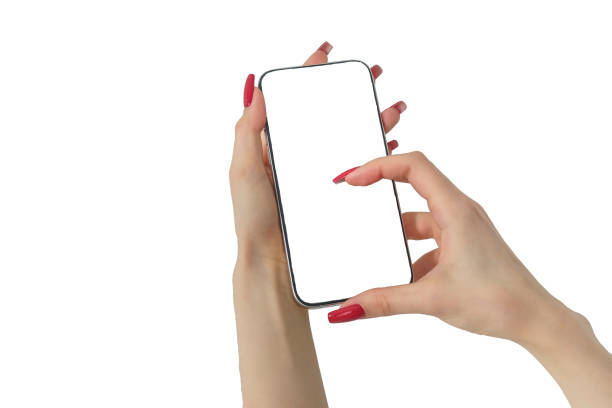 istock woman's hand holds a smartphone, a phone with a cut-out blank screen, a blank phone screen 2154139339