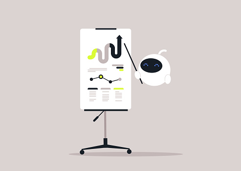 Robot Points A Cute Robot Points At A Flip Chart Displaying Business Strategies And ...