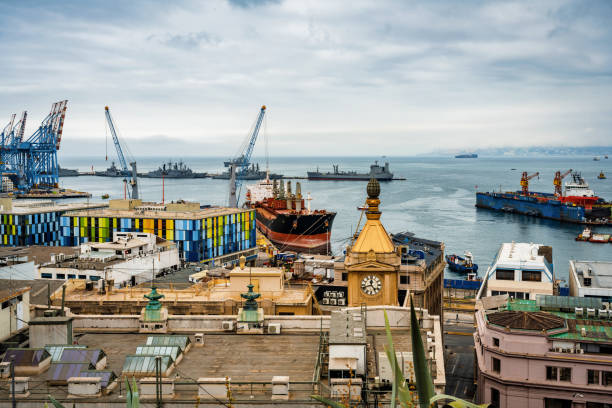 panoramic view on the freight harbor of Valparaiso-Chile from the hills to the sea