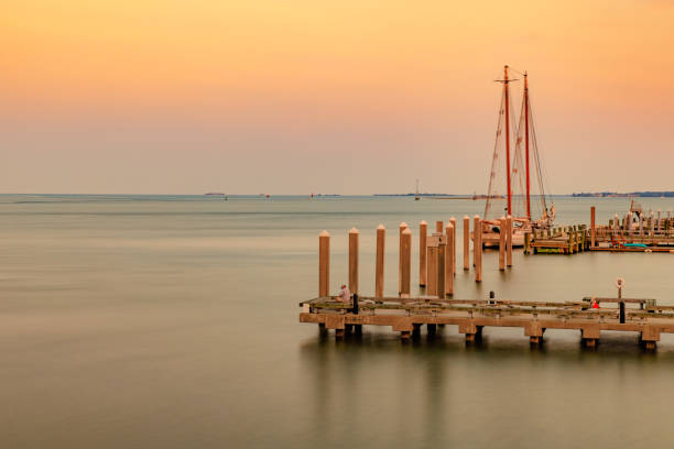 The historic Charleston Harbor overlooking Cooper River at sunset time.  HDR encoded.