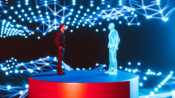 der zukunft zugewandt: der mensch trifft seinen digitalen zwilling - digitaler zwilling stock-fotos und bilder