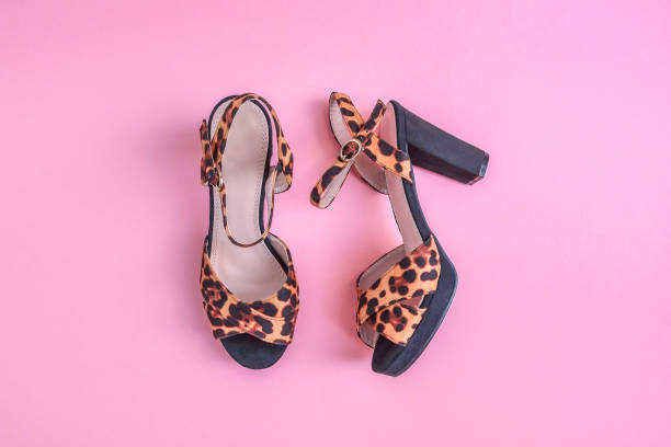 A luxurious black high heel with a gold accent and leopard print inner sole showcased against a dramatic red and black gradient background.